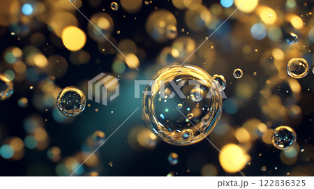 Close up of many small bubbles in a dark background. The bubbles are of different sizes and colors, creating a sense of movement and depth. Scene is playful and whimsical 122836325