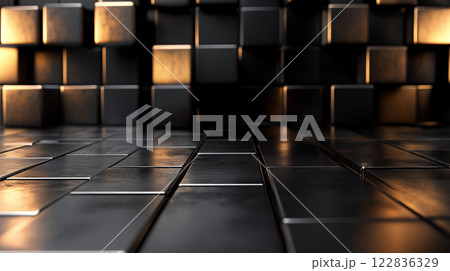 Black and gold background with a lot of squares. The squares are all different sizes and are arranged in a way that creates a sense of depth and dimension. Scene is one of sophistication Black and gold background with a lot of squares. The squares are all different sizes and are arranged in a way that creates a sense of depth and dimension. Scene is one of sophistication 122836329