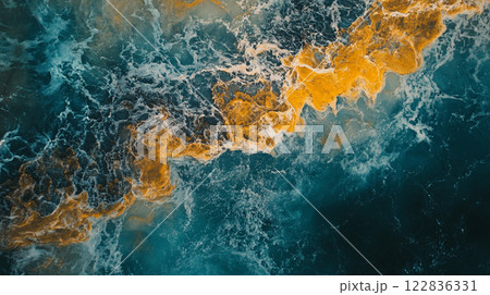 The image is of a body of water with a yellow and blue wave pattern. The colors are vibrant and the wave pattern is dynamic, giving the impression of movement and energy. Scene is lively and dynamic The image is of a body of water with a yellow and blue wave pattern. The colors are vibrant and the wave pattern is dynamic, giving the impression of movement and energy. Scene is lively and dynamic 122836331