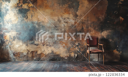 Wooden chair is placed in front of a wall that has a lot of texture and paint. The chair is brown and looks like it has been there for a while 122836334