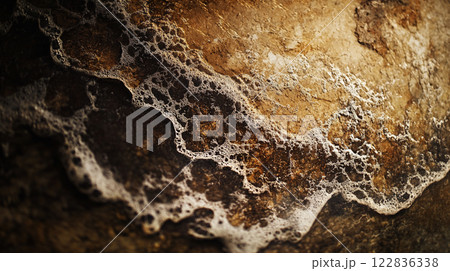 Rocky shoreline with a wave crashing against it. The water is foamy and the rocks are rough Rocky shoreline with a wave crashing against it. The water is foamy and the rocks are rough 122836338