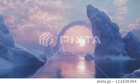 Beautiful, serene scene of a frozen landscape with a large archway in the middle of it. The archway is illuminated by the sun, creating a warm and inviting atmosphere Beautiful, serene scene of a frozen landscape with a large archway in the middle of it. The archway is illuminated by the sun, creating a warm and inviting atmosphere 122836364