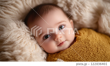 Baby is smiling and looking at the camera. The baby is wearing a yellow sweater and is laying on a white blanket 122836401