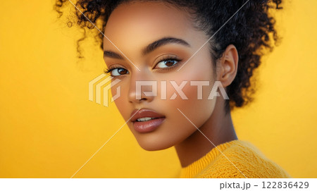 Woman with dark hair and brown eyes is wearing a yellow sweater. She has a nice smile and is looking directly at the camera 122836429