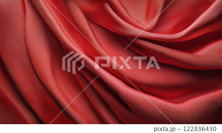 Red fabric with a wave pattern. The fabric is long and has a wave pattern 122836430