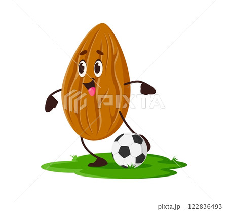 Cartoon funny almond nut character playing soccer, standing on green grass with joyful expression. Isolated vector playful nutritious food sports personage emphasizes fun, energy and healthy lifestyle Cartoon funny almond nut character playing soccer, standing on green grass with joyful expression. Isolated vector playful nutritious food sports personage emphasizes fun, energy and healthy lifestyle 122836493