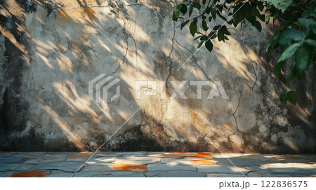 Wall with a tree in the background and a shadow on the wall. The wall is made of concrete and has a rough texture. The tree is tall and has green leaves 122836575