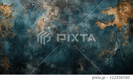 Blue and brown wall with a lot of texture. The wall is covered in paint and has a lot of cracks and holes. The wall appears to be old and worn down Blue and brown wall with a lot of texture. The wall is covered in paint and has a lot of cracks and holes. The wall appears to be old and worn down 122836580