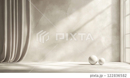 White room with a curtain and two white balls. The room is empty and the balls are placed on the floor White room with a curtain and two white balls. The room is empty and the balls are placed on the floor 122836582