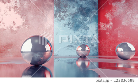 Three shiny silver spheres are reflected in a blue and red wall. The spheres are placed in a row, with the middle one slightly larger than the other two. The scene has a modern and sleek feel Three shiny silver spheres are reflected in a blue and red wall. The spheres are placed in a row, with the middle one slightly larger than the other two. The scene has a modern and sleek feel 122836599