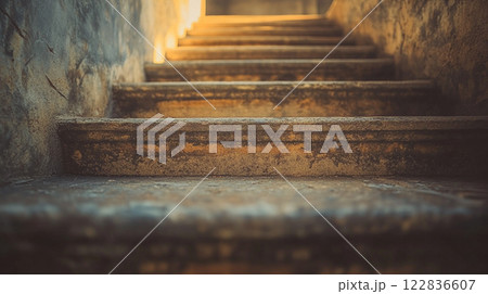 The stairs are old and worn, with a worn look to them. The steps are made of stone and are quite steep 122836607