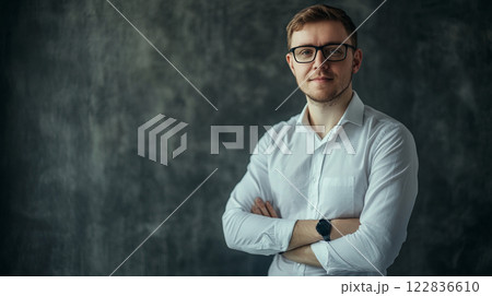 Man wearing glasses and a white shirt is standing with his arms crossed. He is smiling and looking directly at the camera 122836610