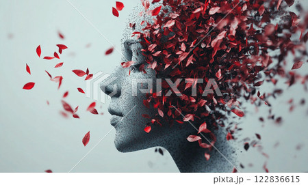 Woman's face is covered in red leaves, giving the impression of a chaotic and disordered appearance 122836615