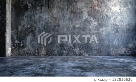 Large, empty room with a wall that is covered in graffiti. The wall is gray and the room is bare Large, empty room with a wall that is covered in graffiti. The wall is gray and the room is bare 122836626