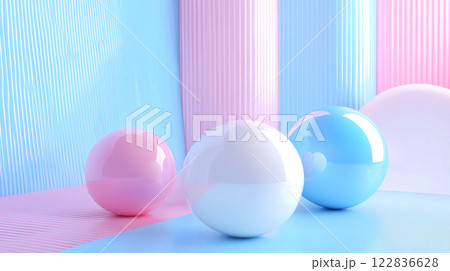 Three round balls of different colors are placed on a blue and pink background. The balls are arranged in a way that they appear to be floating in the air, creating a sense of lightness 122836628