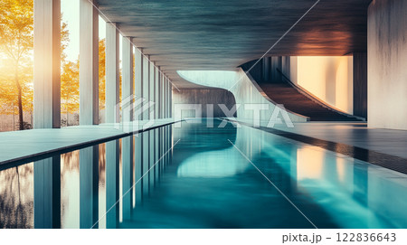 Long, narrow pool with a tree in the background. The pool is surrounded by pillars and has a staircase leading up to it. The water is calm and clear 122836643