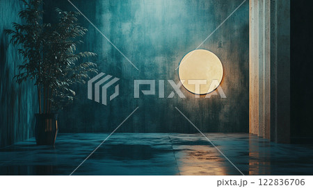 Room with a large white circle on the wall and a plant in a vase. The room is dark and the circle is lit up Room with a large white circle on the wall and a plant in a vase. The room is dark and the circle is lit up 122836706
