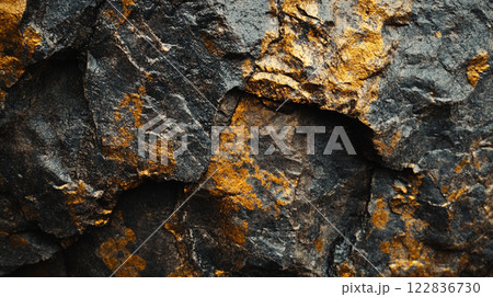 Rock wall with a gold and brown color. The wall is made of rocks and has a rough texture Rock wall with a gold and brown color. The wall is made of rocks and has a rough texture 122836730