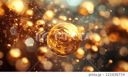 Gold ball is surrounded by many other gold balls. The gold balls are floating in the air and the scene has a dreamy, ethereal quality to it 122836734