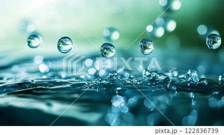 Body of water with a few drops of water falling from the sky. The water droplets are small and scattered, creating a sense of movement and fluidity. The scene evokes a feeling of tranquility 122836739