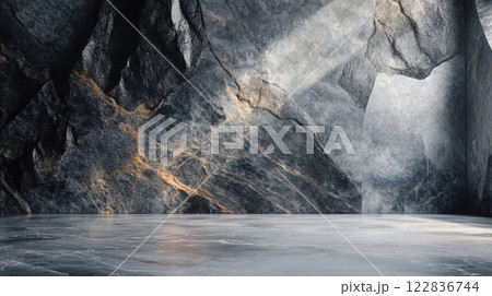 Large rock wall with a large empty space in the middle. The wall is made of gray and black stones 122836744
