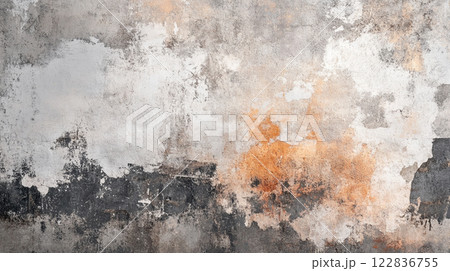 Wall with a lot of cracks and peeling paint. The wall is covered in dirt and debris 122836755