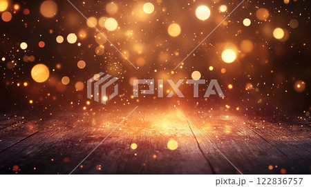 Wooden floor with a lot of glitter on it. The glitter is scattered all over the floor, creating a sparkling effect. The scene gives off a festive and celebratory mood Wooden floor with a lot of glitter on it. The glitter is scattered all over the floor, creating a sparkling effect. The scene gives off a festive and celebratory mood 122836757