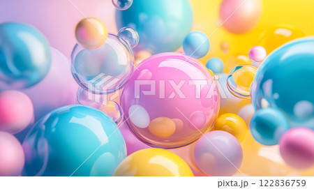 Colorful image of many different colored spheres. The spheres are of various sizes and colors, including pink, yellow, and blue. The image has a playful and whimsical mood 122836759
