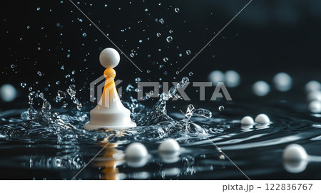 Chess piece is floating in a pool of water. The water is dark and the chess piece is yellow Chess piece is floating in a pool of water. The water is dark and the chess piece is yellow 122836767