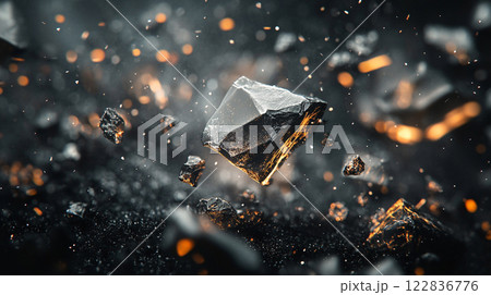 Black and white photo of a large rock with a diamond shape. The photo is of a pile of rubble with a lot of debris. The photo has a mood of destruction and chaos 122836776