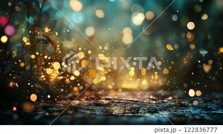 Blurry image of a forest with a lot of light shining on it. The light is creating a lot of sparkles and the forest looks like it's glowing 122836777