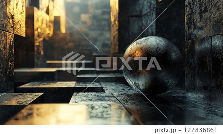 Ball is sitting on a wet floor in a dark room. The ball is surrounded by a lot of empty space, giving the impression of a vast, empty room. The wet floor and the dark room create a mood of mystery Ball is sitting on a wet floor in a dark room. The ball is surrounded by a lot of empty space, giving the impression of a vast, empty room. The wet floor and the dark room create a mood of mystery 122836861