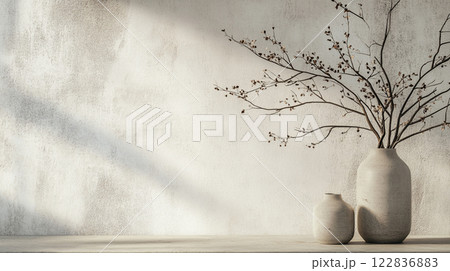 White vase with a branch in it sits on a table. The vase is empty, and the branch is brown. The image has a minimalist feel, with the focus on the vase and the branch 122836883