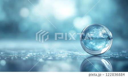 Clear sphere of water sits on a surface. The water is calm and still, reflecting the sky above. Concept of tranquility and serenity, as if the water is a symbol of peace and calmness 122836884