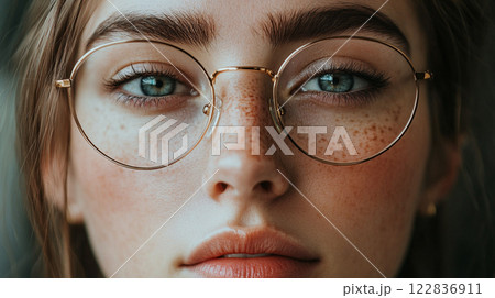 Woman with blue eyes and a gold frame on her glasses. She has a red lip and a rosy complexion Woman with blue eyes and a gold frame on her glasses. She has a red lip and a rosy complexion 122836911