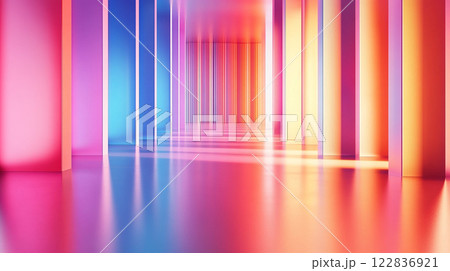 Long hallway with colorful pillars and a bright light shining on the floor. The hallway is empty and the colors are vibrant, creating a sense of energy and excitement 122836921
