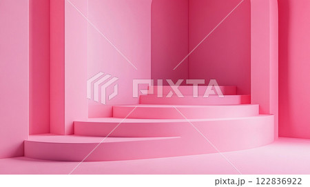 Pink room with a pink staircase. The staircase is curved and has pink steps. The room is very bright and colorful 122836922