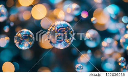 Series of bubbles floating in the air, creating a sense of whimsy and playfulness. The bubbles are of various sizes and colors, and they appear to be scattered throughout the scene 122836986
