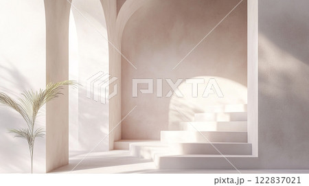 White room with a plant in the corner and a staircase leading up to a balcony. The room is empty and the plant is the only decoration White room with a plant in the corner and a staircase leading up to a balcony. The room is empty and the plant is the only decoration 122837021