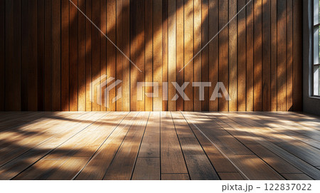Room with wooden walls and floors. The room is empty and has a lot of sunlight coming in through the windows Room with wooden walls and floors. The room is empty and has a lot of sunlight coming in through the windows 122837022