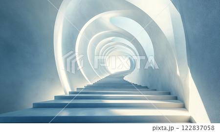 Spiral staircase in a white room with a light shining on it. The staircase is made of concrete and is very tall 122837058