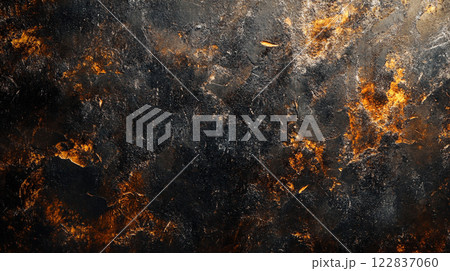 Dark background with a lot of orange fire and smoke. The fire is scattered throughout the scene, with some areas being more intense than others. The smoke is thick and billowing 122837060