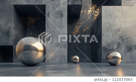 Three shiny silver spheres are placed in a room with a dark, industrial feel. The spheres are arranged in a way that creates a sense of depth and movement, as if they are floating in mid-air 122837063