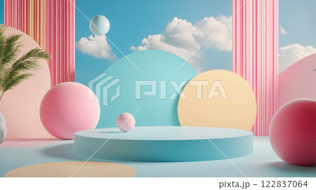 Colorful room with a blue and yellow floor and pink and yellow walls. There are three balls on the floor, one of which is pink 122837064