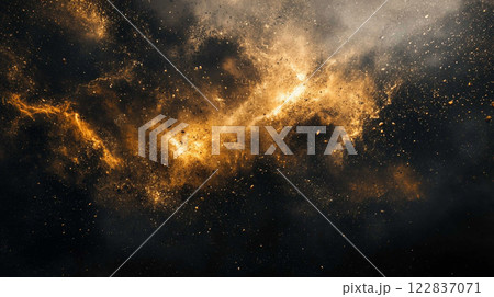Black and orange sky with a lot of stars and a few clouds. The stars are scattered throughout the sky and the clouds are small and white 122837071