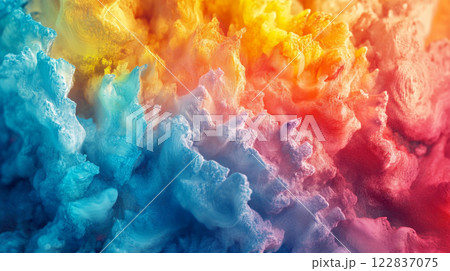 Colorful explosion of smoke and fire with a rainbow of colors. The colors are vibrant and the smoke is thick and billowing. Scene is chaotic and energetic, with a sense of movement and excitement 122837075