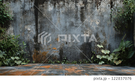 Wall with a green plant growing out of it. The wall is dirty and has some moss growing on it 122837076