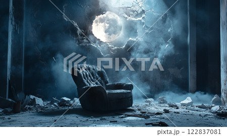 Chair is sitting in a room with a large moon in the background. The room is dark and smoky, giving it a creepy and eerie atmosphere Chair is sitting in a room with a large moon in the background. The room is dark and smoky, giving it a creepy and eerie atmosphere 122837081