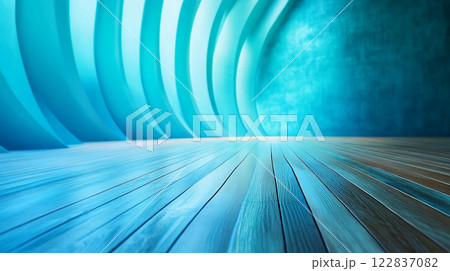 Blue room with a blue wall and wooden floors. The room is empty and has a modern feel to it 122837082