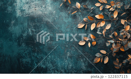 Leafy green background with a few leaves scattered around. The leaves are brown and the background is blue Leafy green background with a few leaves scattered around. The leaves are brown and the background is blue 122837115